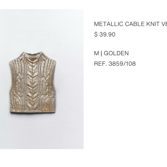 Zara NWT Cable Knit Sweater Vest Special Foil Print Finish Golden Metallic Sz M - Picture 7 of 9